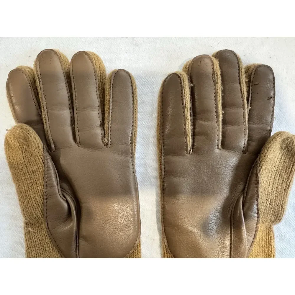 Aris VTG Tan Brown Cable Knit Genuine Leather Palms Gloves Womens One Size